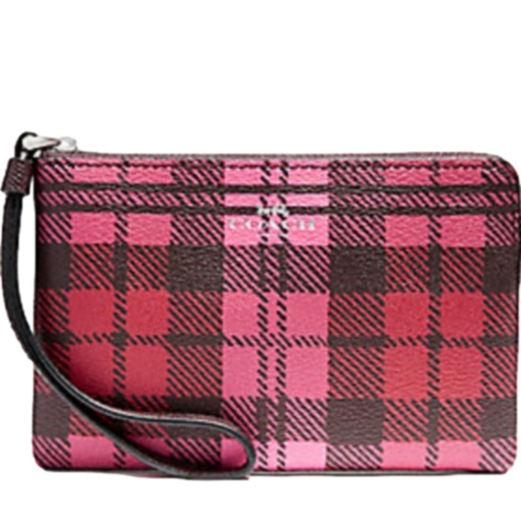 Coach F22632 Corner Zip Wristlet with Shadow Plaid Print, SV/MRV - Picture 1 of 8